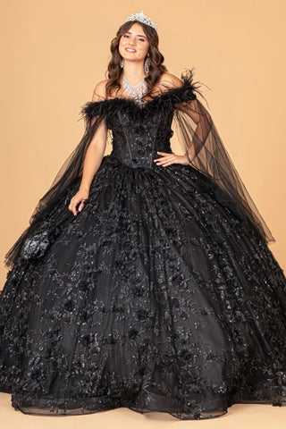 Mesh Quinceanera Dress w/ Side Mesh Drape and Detachable Feather Embellishment-3
