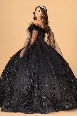 Mesh Quinceanera Dress w/ Side Mesh Drape and Detachable Feather Embellishment-4