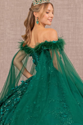 Mesh Quinceanera Dress w/ Side Mesh Drape and Detachable Feather Embellishment-2